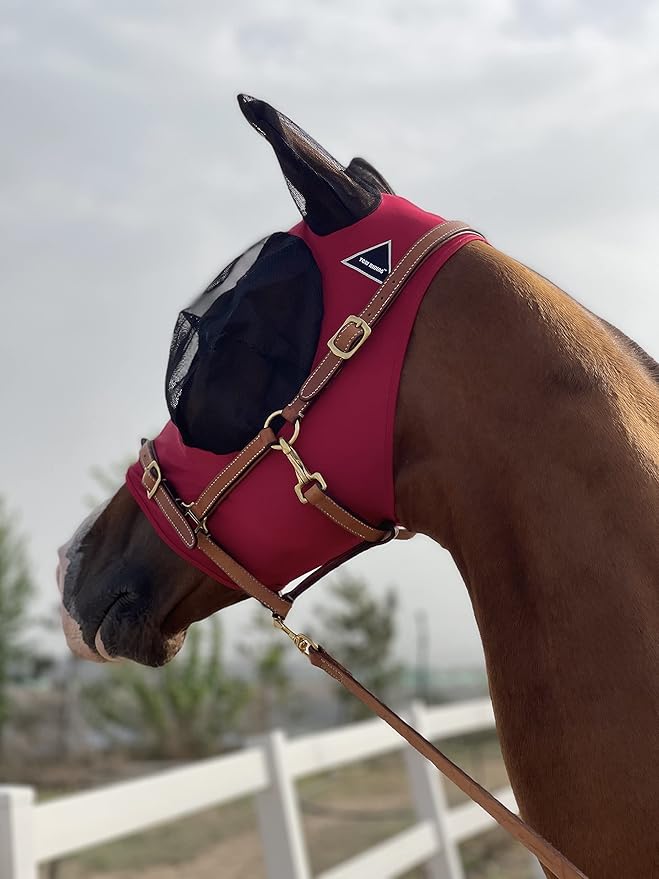 Horse Fly Mask Super Comfort Horse Fly Mask Elasticity Fly Mask with Ears We Only Make Products That Horses Like… (Burgundy, M)