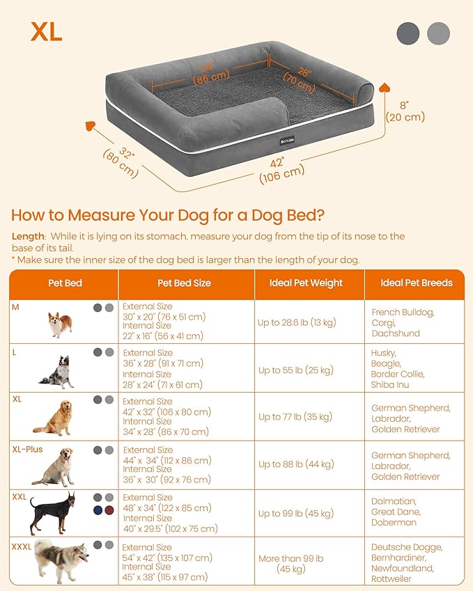 Feandrea Dog Bed, Orthopedic Large Waterproof Bed, Removable Washable Cover Dog Sofa with Non-Slip Bottom, Raised Edges, 42 x 32 x 8 Inches, Light Gray UPGW077G02V1