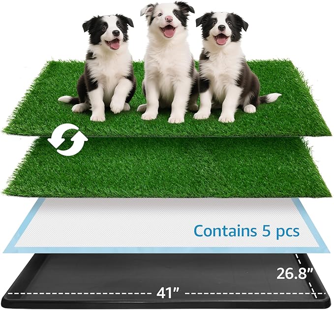 Dog Grass pad with Tray,41”x 26.8” Indoor Dog Potty with 2 Packs Replacement Artificial Fake Grass-5 Packs Disposable Puppy Pads,for Puppy Training Apartment, Outdoor Use