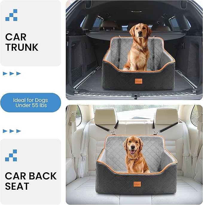 Dog Car Seat for Medium Dogs - Pet Car Seat with 2 Safety Straps & Waterproof Padding, Portable Pet Carrier for Cars, Trucks & SUVs, Comfortable Booster Bed for Pets Up to 55lbs (Black/Grey)