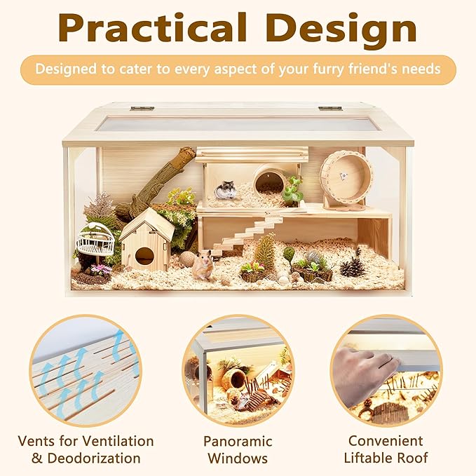 Prolee Hamster Cage Chewproof Wood, Mice and Rat Habitat Openable Top with Acrylic Sheets Solid Built, Small Animal Cage, 40 Inch Length