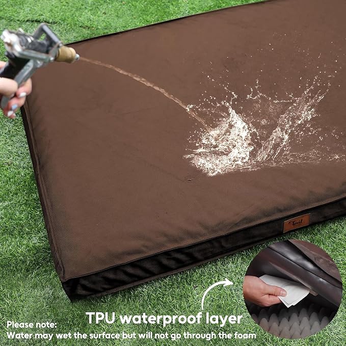 Outdoor All Weather Waterproof Dog Bed, Orthopedic Dog Bed for Extra Large Dogs, Egg Foam Pet Bed with Washable and Removable Oxford Cooling Cover, Brown