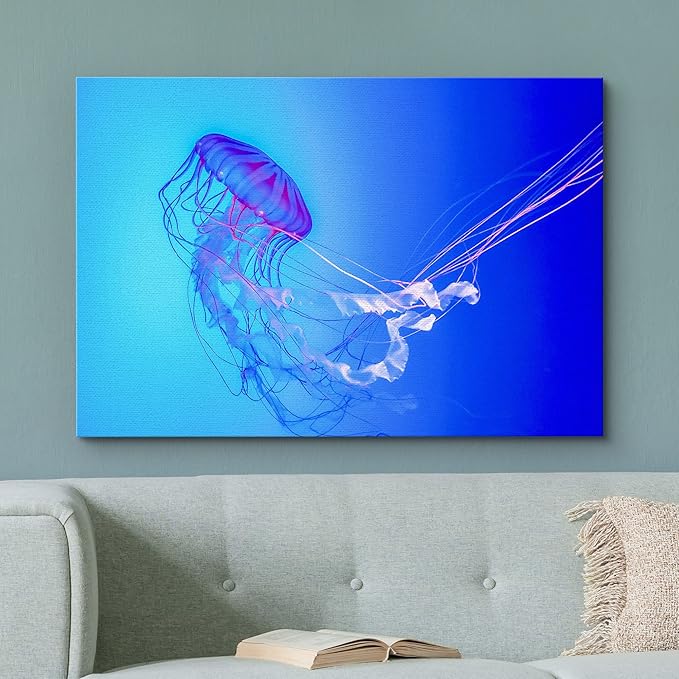 wall26 Canvas Print Wall Art Vibrant Neon Blue Pink Jellyfish Deep Sea Nature Animals Photography Realism Rustic Scenic Landscape Wilderness Earth Colorful for Living Room, Bedroom, Office - 16"x24"