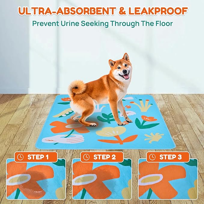 BurgeonNest Washable Pee Pads for Dogs, 2 Pack 36''x48'' Super Absorbent, Leakproof & Non-Slip Reusable Potty Pads for Puppy Playpen, Crate, Whelping Box, Potty Training, Blue
