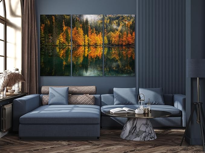 Nature Wall Art Prints - Ocean Forest Mountain Lake Canvas Landscapes - Small to Extra Large Living Room Bedroom Kitchen Bathroom Décor (Autumn by the Lake, 39L" x 59W" - 3 Panels)