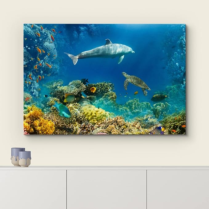 wall26 Canvas Print Wall Art Tropical Ocean Underwater Dolphin Coral Reef Nature Animals Photography Realism Rustic Scenic Landscape Wilderness Colorful for Living Room, Bedroom, Office - 12"x18"
