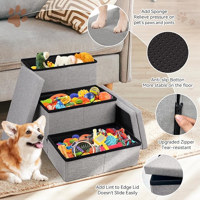 Wider Dog Stairs with Storage 18" H, 3-Step Sturdy Dog Steps for Large/Medium/Small Older Dogs Cats, Folding Pet Stairs Climbing Bed or Couch, Ramp for Car Up to 200 lbs (Gray, No Condo)