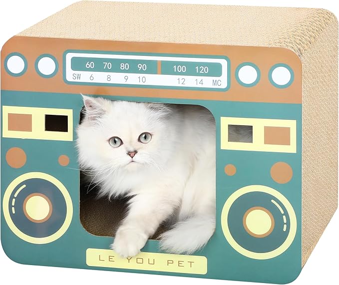 Radio Cat Scratcher Cardboard Lounge Bed - Durable Pads Prevent Furniture Damage - Cat Scratchers & Play House for Indoor Cats - Corrugated Scratcher Box Toy for Cat Birthday