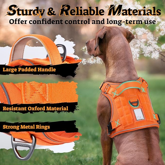 rabbitgoo Dog Harness Small Sized No Pull, Tactical Service Pet Vest with Molle and Control Handle, Adjustable and Reflective Military Harness for Easy Walking and Training, Orange, S