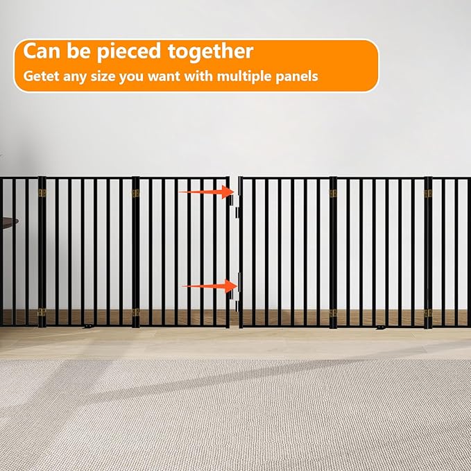 Free Standing Dog Gate with Door for Indoor Outdoor, Portable Dog Fence Foldable Design, Metal Black 32" Tall, Expandable 4 Panels Use for Front Door, Yard, Stairs