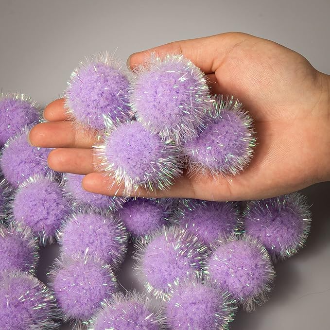 VAPKER 30 Pcs Cat Ball Toys Sparkle Balls Extra Large 2 Inch Cat's Favorite Chase Glitter Ball Glitter Tinsel Pom Poms Balls Purple Color