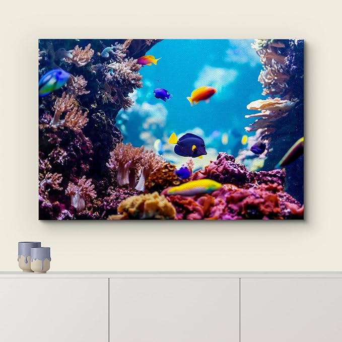 wall26 Canvas Print Wall Art Vibrant Blue Pink Coral Reef Blue Hippo Tang Nature Animals Photography Realism Rustic Scenic Landscape Wilderness Colorful for Living Room, Bedroom, Office - 24"x36"