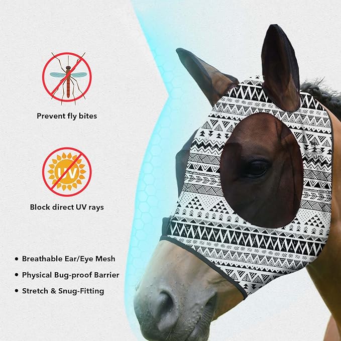 Harrison Howard Super Comfort Stretchy Fitting Horse Fly Mask with UV Protection Soft on Skin with Breathability Doodle Aztec Extra Full