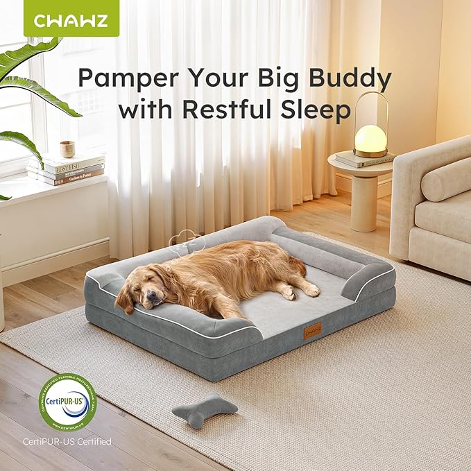 Extra Large Dog Bed, Orthopedic Dog Bed with Cooling Gel Memory Foam, Waterproof XL Pet Bed with Removable Washable Cover, 42" Pet Sofa Couch Dutch Velvet with Bone Toy, Light Gray