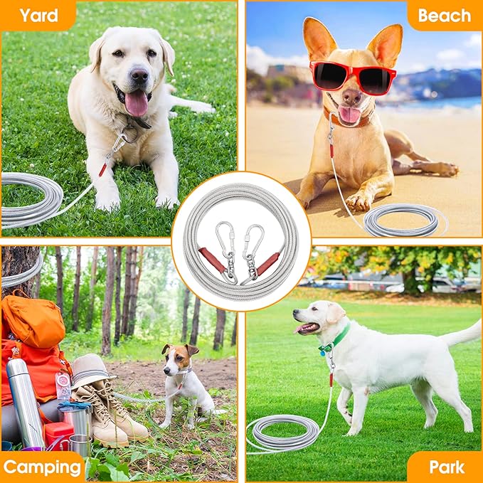 Dog Tie Out Cable for Dogs Outside Up to 125/250lbs,10/20/30/50FT Long Dog Leash&Chains,Small-Large Dogs Runner Cable for Yard,Heavy Duty Lead Line for Outdoor,Camping,Yard(250lbs 50FT, Silver)