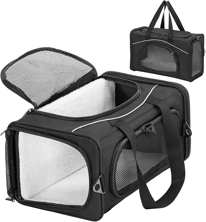 ‌Petsfit Airline Approved Pet Carrier for Small Cats, 16.5x8.6x11 TSA Approved Carrier, with Removable Dual-Sided Padding (2-Way Placement) - Fits Under Most Airplane Seats, Escape Proof (Black)