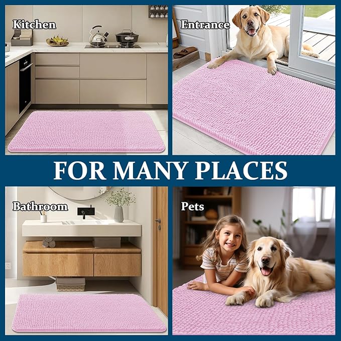 OLANLY Dog Door Mat for Muddy Paws 44x24, Absorbs Moisture and Dirt, Absorbent Non-Slip Washable Doormat, Quick Dry Chenille Mud Mat for Dogs, Entry Indoor Entryway Carpet for Inside Floor, Pink