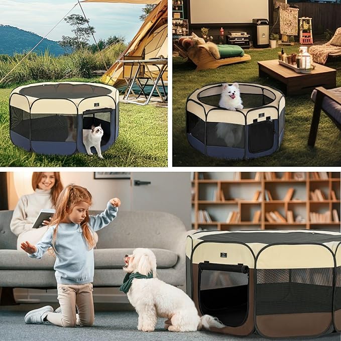 A 4 Pet Portable Dog Playpen, 49” Playpen for Dogs with Bowl, Suitable for Puppies, Kittens, and Small Animals, Removable Zipper & Mesh Panel(19”W × 12”H)