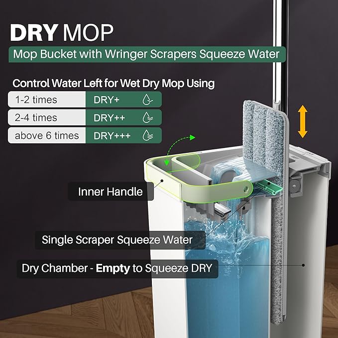 JOYMOOP Mop and Bucket with Wringer Set, White Flat Squeeze Mop Bucket Set for Floor Cleaning, Wet Dry Mops for Walls, Wall Cleaner with Long Handle, Hardwood Floor Mop-5 Microfiber Cloths
