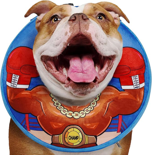 Crazy Felix Soft Donut Cone for Dogs to Stop Licking, Chihuahua Pomeranian Recovery Collar After Surgery Inflatable Cone Alternative for Small Medium Large Dogs, Elizabethan Collar with Boxer Pattern