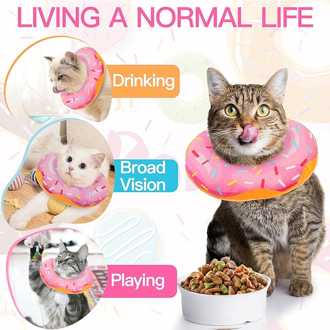 Cat Cone Collar Soft, Cute Cat Donut Collar After Surgery, Adjustable Kitten Recovery Cones to Stop Licking, Lightweight Neck Elizabethan Collars for Cats Kittens (Pink, Large)