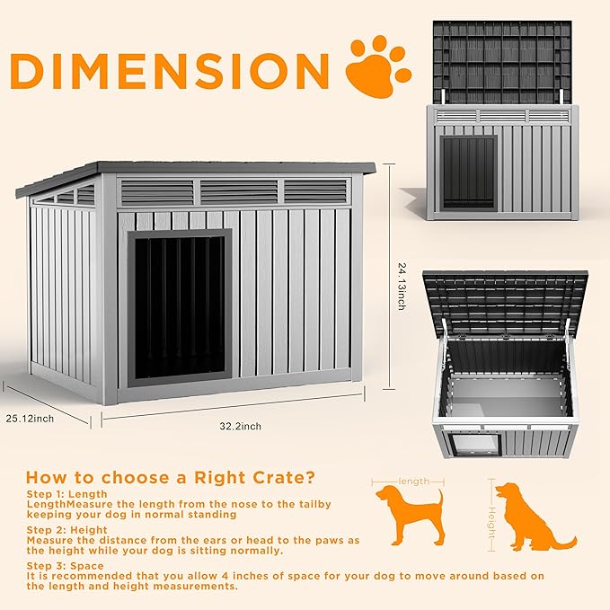 Dog House Indoor Outdoor,Resin Waterproof Puppy Shelter with Air Vents and Elevated Floor,Air Rod on Top to Open,Dog Kennel for Small to Medium Dogs(Grey,32.2 * 25.12 * 24.13)