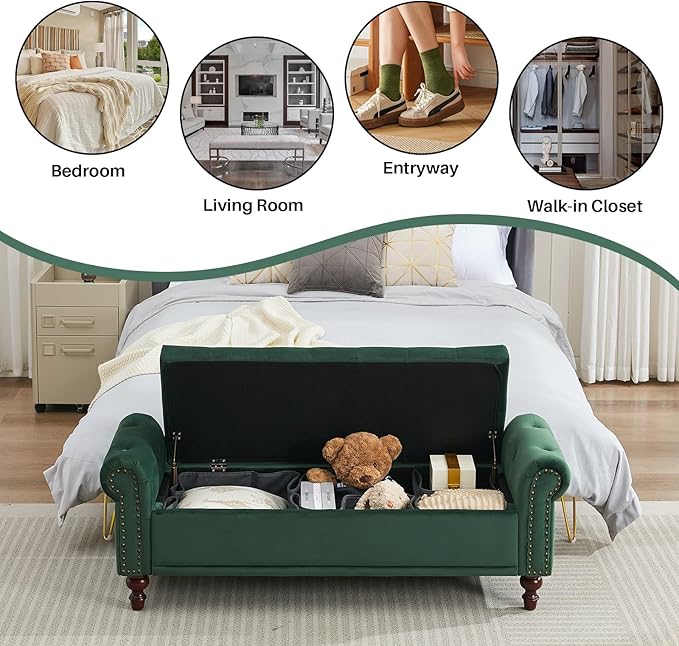 58.1'' Storage Bench Upholstered Velvet End of Bedroom Bed Bench Ottoman with Tufted Cushioned Rolled Arm Large Storage Space for Reading Living Room Entryway,Dark Green