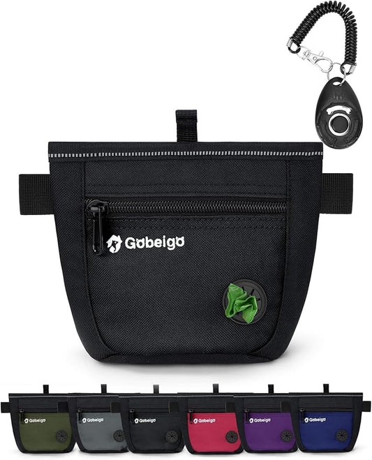Gobeigo Dog Treat Pouch and Training Clicker, Upgrade Two Magnetic Closure to Prevent Spills, 2 Cup Treat Bag with Poop Bag Dispenser, Metal Clip Waist Belt Fanny Pack for Pet Walk (Black)