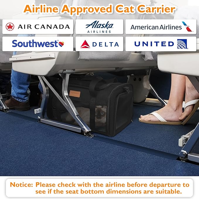 PETUX TSA Approved Pet Carrier in Cabin, 17"x11"x9.5" Soft Cat Carriers for Small Cats up to 12 lb, Top-Open Portable Dog Carrier with Litter Box and Anti-Scratch Mesh for Puppy up to 10 lb (Black)