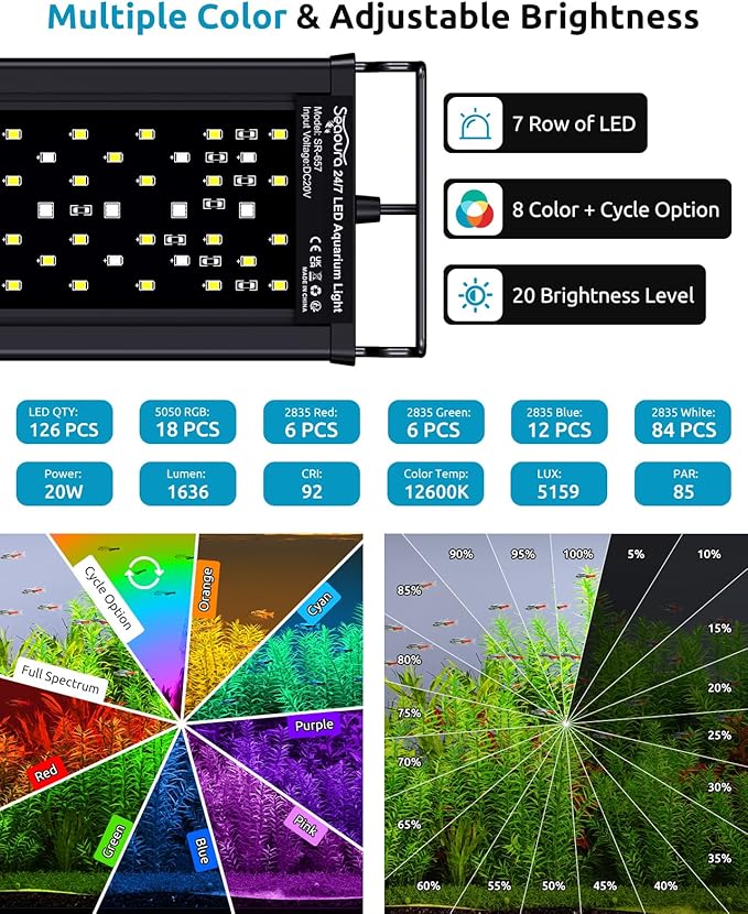 Aquarium Plant Light, 24/7 Programmable, Power-Off Memory, 7-Row LED 18-24in SEAOURA Full Spectrum Fish Tank Lights, 8 Colors, 20 Brightness Dimmable, Day & Night Cycle, Adjustable Bracket
