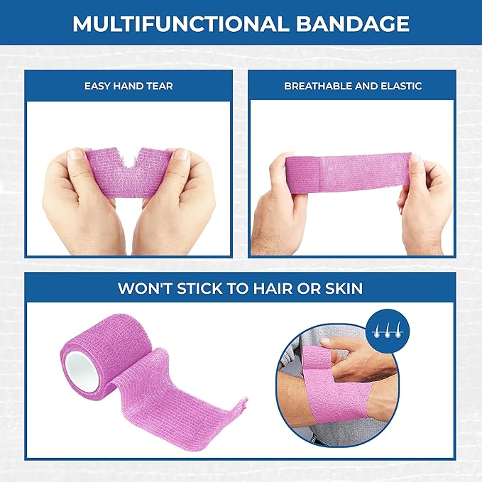 Self Adhesive Bandage Wrap - Pack of 12 Assorted Colors, Non-Woven, Breathable & Water-Resistant Vet Wrap for First Aid, Sports Injury, Body Sprains, & Pets (2 Inch Multicolor - 12 Pack)