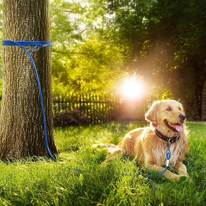 Tresbro 30FT Reflective Tie Out Cable for Dogs Up to 250 Pounds, Steel Wire Lead Leash Cable with Stainless Rotatable Clip, Lightweight and Enduring, Dog Lead Chains for Outside,Yard,Camping, Blue
