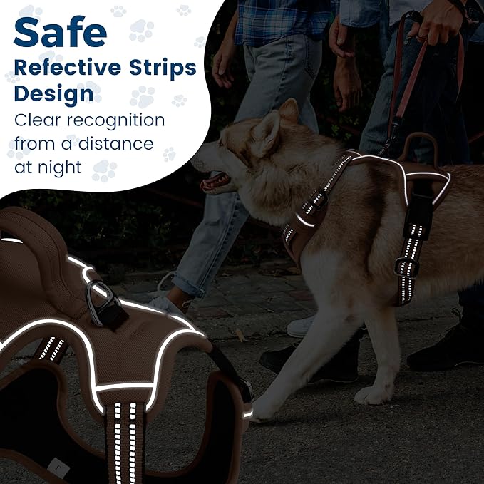Funfox Dog Harness No Pull, Adjustable Pet Vest Harness, Super Soft Material with Vertical Handle Easy Control, Reflective Night Walking, 2 Leash Clips for Large Dogs, Brown, L