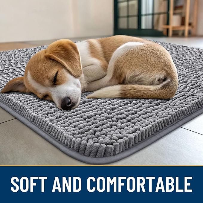 Smiry Dog Door Mat for Muddy Paws 48x30, Absorbs Moisture and Dirt Doormat, Non-Slip Washable Quick Dry Chenille Front Door Mat Indoor Entrance, Entryway Carpet for Inside Floor, Grey