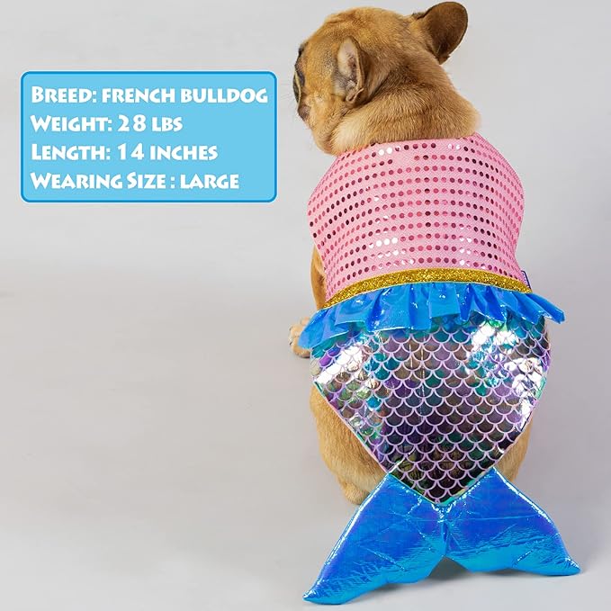cyeollo Mermaid Dog Halloween Costumes Cute Dog Costume Sequin Birthday Party Pet Clothes Outfit Dressing Up Pet Costumes for Medium Dogs Size L