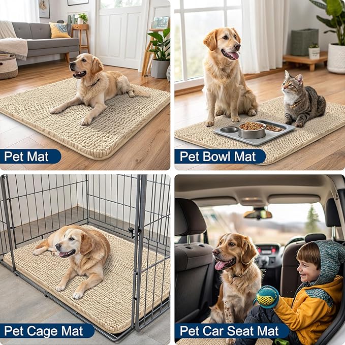 Smiry Dog Door Mat for Muddy Paws 59x20, Absorbs Moisture and Dirt Doormat, Non-Slip Washable Quick Dry Chenille Front Door Mat Indoor Entrance, Entryway Carpet for Inside Floor, Beige