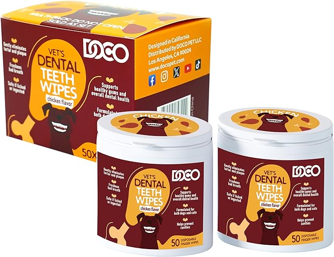 DOCO Dog Teeth Cleaning Wipes Dental Finger Wipes for Cats & Dogs Remove Plaque & Tartar, Freshen Breath, No Rinse, Easy & Effective Pet Tooth Cleaning Kit for Oral Care, Chicken Flavor, 100 Count
