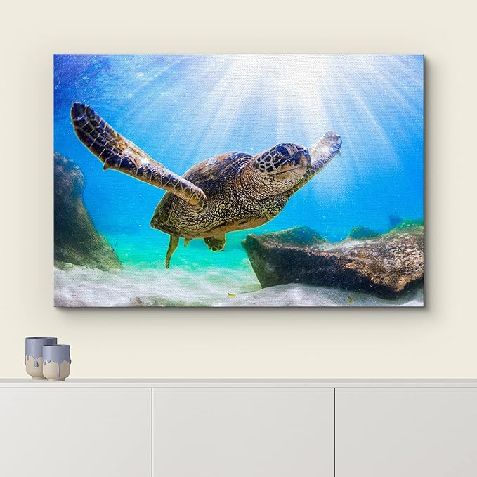 wall26 Canvas Print Wall Art Sunlight Ray Tropical Turtle Swimming Ocean Nature Animals Photography Realism Rustic Scenic Landscape Wilderness Colorful for Living Room, Bedroom, Office - 16"x24"