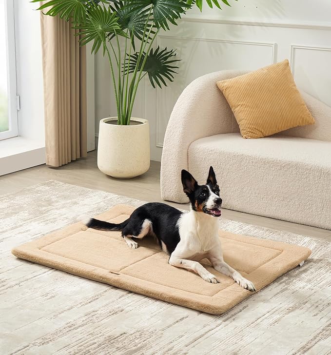 Made4Pets Dog Crate Pad Bed for Extra Large Dogs, Washable & Reversible, Anti-Slip Kennel Mat for Cozy Sleeping, Soft Fluffy Dog Bed for Indoor & Outdoor Use, 48"x30", Khaki