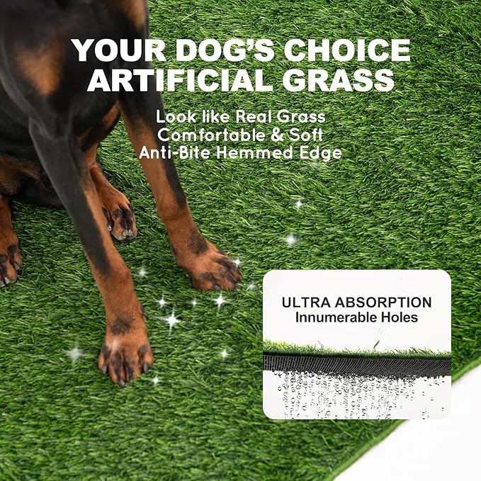 Dog Grass Pad with Tray Large 34’’×23’’, Ultra-Absorbent Artificial Grass Pad for Dogs Potty Grass Hemmed Edge for Indoor Potty Training, Reusable Dogs Pee Pads, Dog Litter Box for Balcony