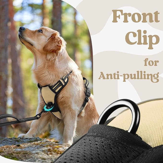 rabbitgoo Dog Harness Medium Sized, No Pull Pet Harness with 3 Buckles, Adjustable Soft Padded Vest with Control Handle, Walking Reflective Pet Vest for Medium Dogs, Beige, M