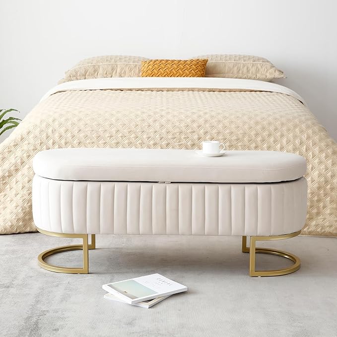 50" Sherpa Storage Ottoman Bench – Velvet Upholstered Bedroom Bench with Golden Metal Legs, Lift-Top Hidden Storage, Modern Footrest for Living Room, Entryway, Bed End (Beige)