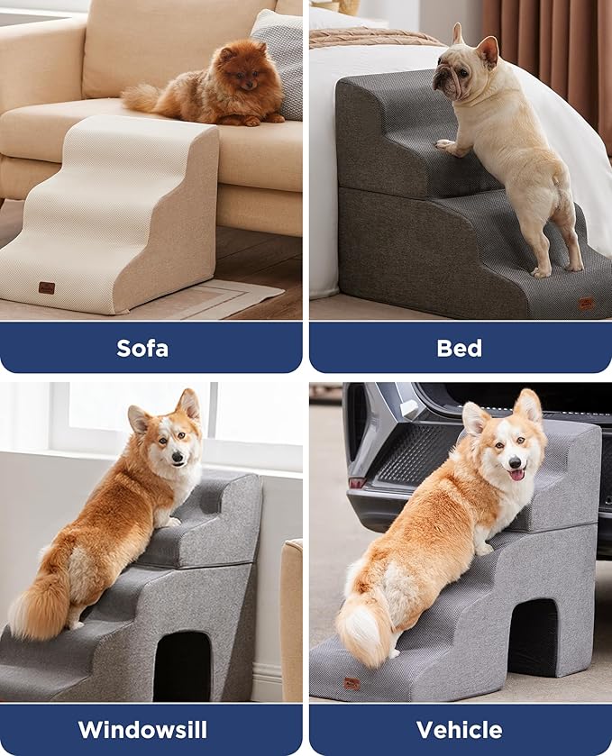 Gray Curved Dog Stairs Ramp for Small Dogs & Cats 17.1" H, 3-Step Dog Steps for Couch Sofa and Chair, Pet Stairs for Cats, Non-Slip Balanced Pet Steps