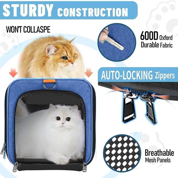 Pet Carrier Large Cats 20 lbs Top Load/Soft Sided Small Dog Travel Carriers/Collapsible Carrier Bag for Medium Cat Puppy/Sturdy Transport Carriers Long Trips/Medium Cats 15 pounds Blue