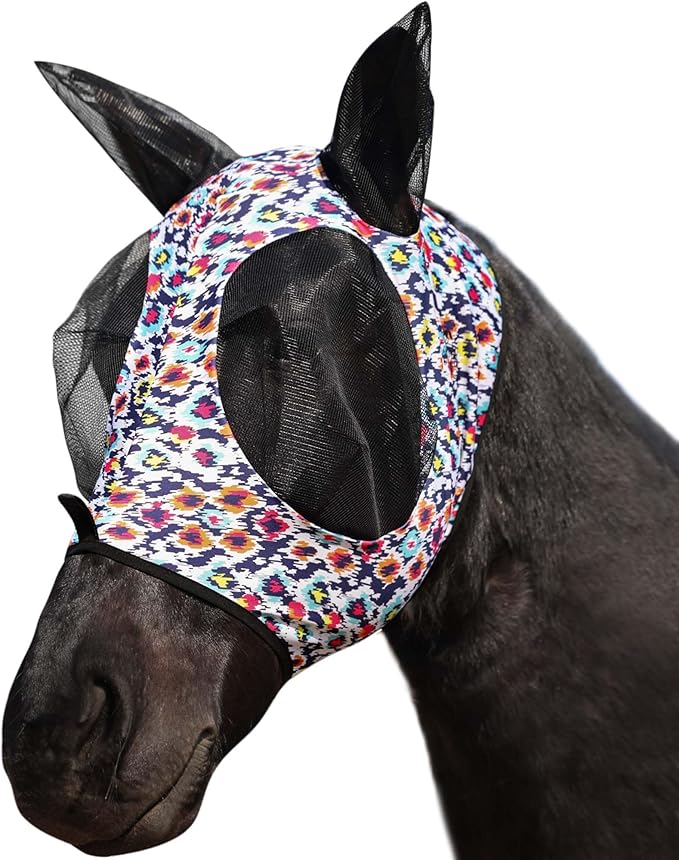 Harrison Howard Super Comfort Stretchy Fly Mask Large Eye Space with UV Protection Soft on Skin with Breathability Geo Feather L
