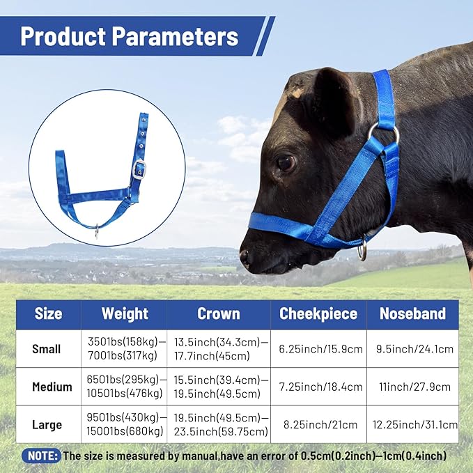 XUANNIAO Easily Adjustable Figure 8 Cow Halter, Double-Ply Premium Livestock Cattle Halters, Colorful Cow Utility Calf Halter with Leading Rope for Miniature Horse Donkey Goat Foal (Large, Blue)