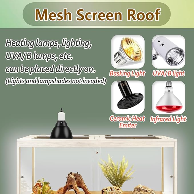 PROLEE Tempered Glass Bearded Dragon Tank,28 Gallon Reptile Tank with Meatl Mesh Roof and Front Sliding Door, Anti-Scratch Lizard Tank,Spacious Reptile Enclosure for Snakes,Lguanas, Chameleons(Oak)