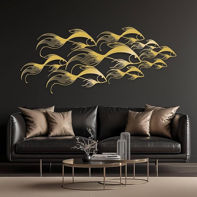 School of Fish Metal Wall Art, Metal Fish Wall Decor, Sea Life Wall Art, Large Nautical Wall Hanging, Modern Beach House Wall Decor, Ocean Themed Artwork for Bathroom (Silver, 53"x22" | 135x57cm)