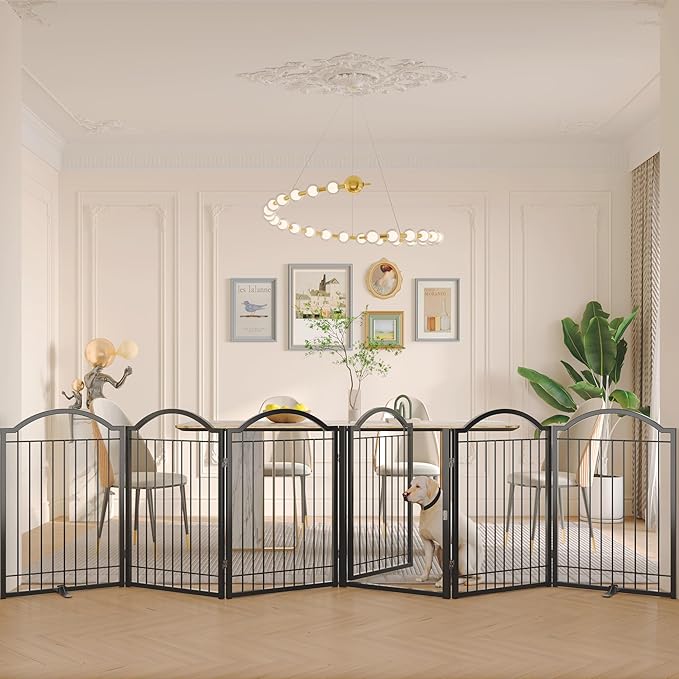 BHG Metal No-Assembly Freestanding Dog Gate with Door Walk Through, Extra Wide 144", Extra Tall 32" Pet Gate, Accordion Puppy Folding Playpen Dog Fence, with 2PCS Support (Black, 6 panesl)