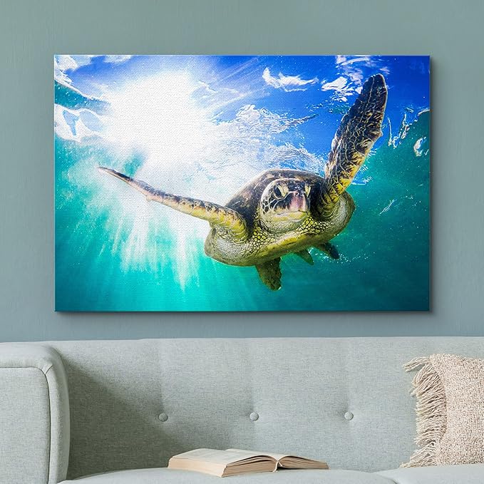 wall26 Canvas Print Wall Art Sunlight Tropical Ocean Underwater Turtle Nature Animals Photography Realism Rustic Scenic Landscape Wilderness Earth Colorful for Living Room, Bedroom, Office - 12"x18"